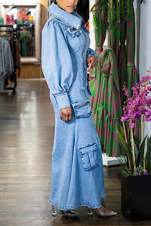 Stylish Zipper Pocket Slit Denim Maxi Dress