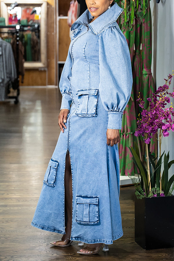 Stylish Zipper Pocket Slit Denim Maxi Dress