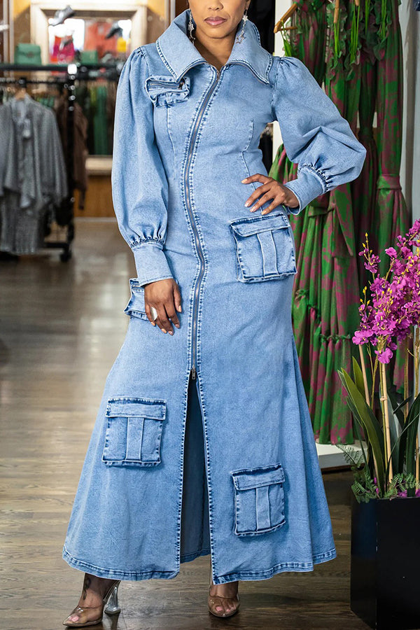ゆ*こ様 AMERI SHIRRING COLLAR DENIM DRESS Lapel Collar Denim Maxi Dress With Pockets DONT MESS WITH ME
