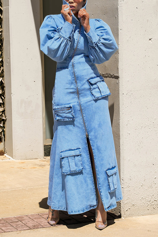 Stylish Zipper Pocket Slit Denim Maxi Dress