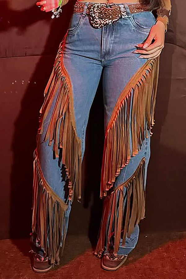 Western Tassel Patchwork High Waist Pants