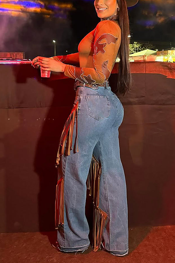 Western Tassel Patchwork High Waist Pants