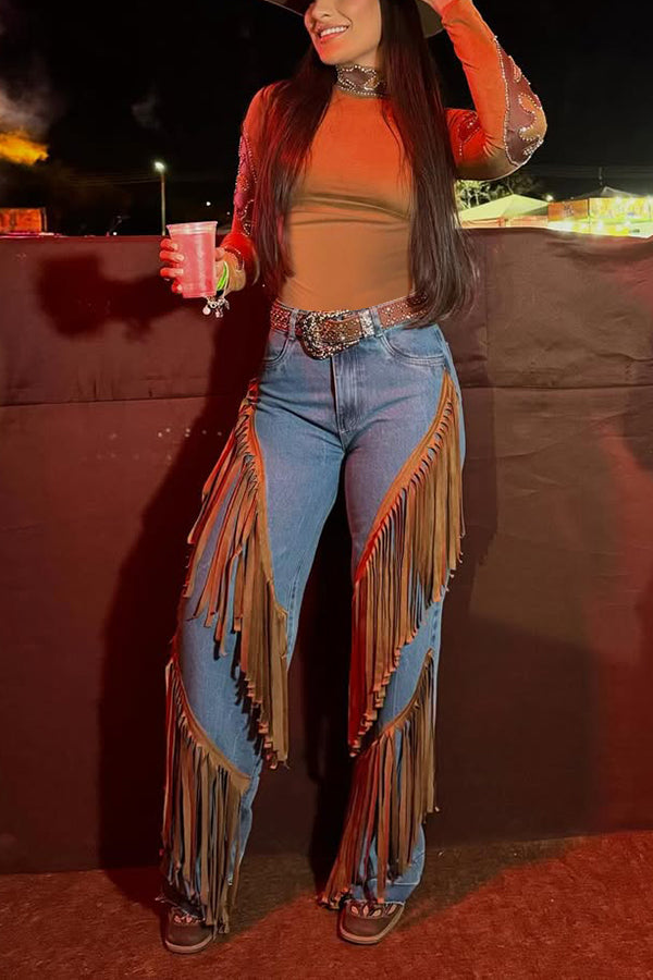 Western Tassel Patchwork High Waist Pants