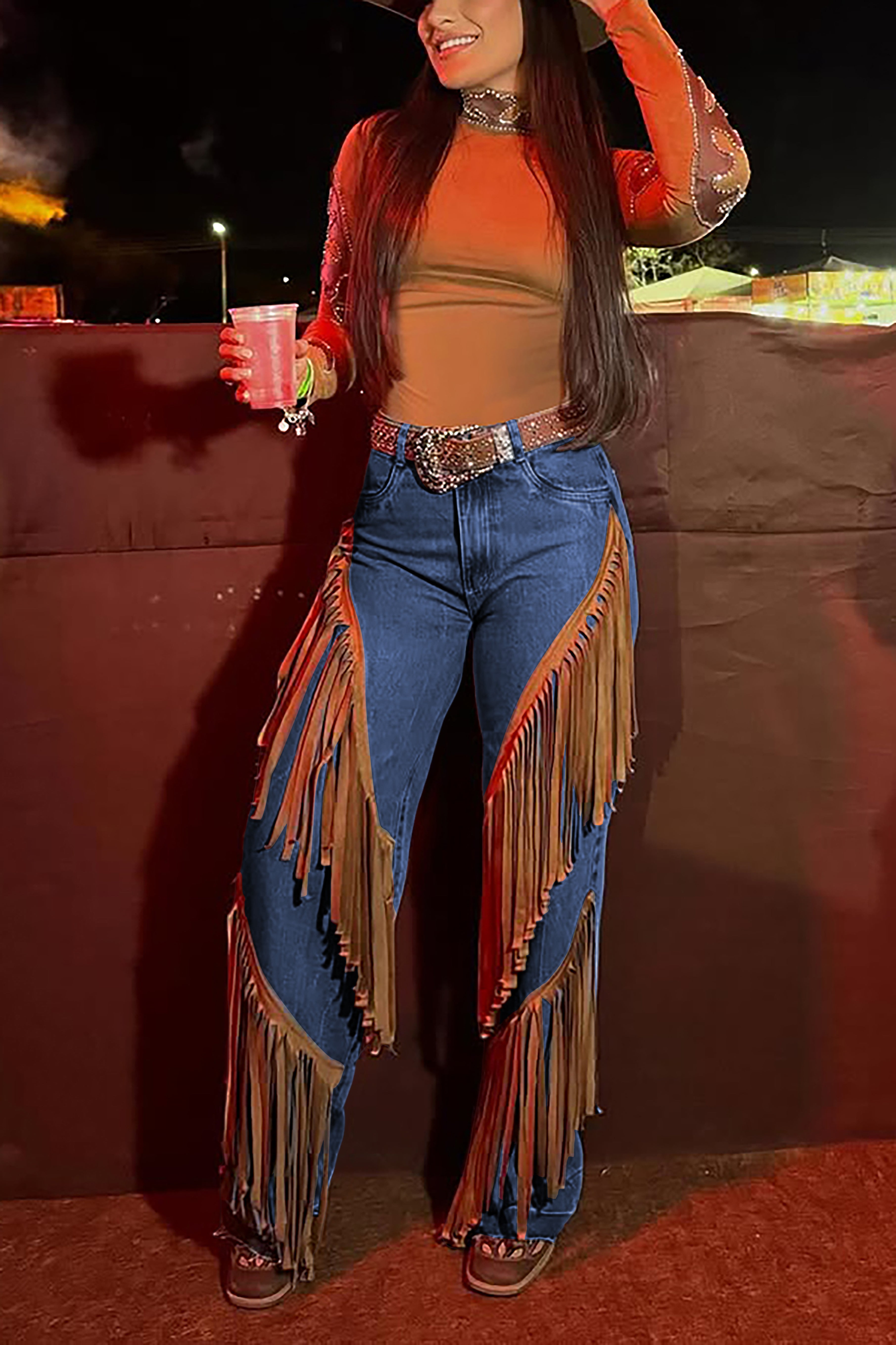 Western Tassel Patchwork High Waist Jean