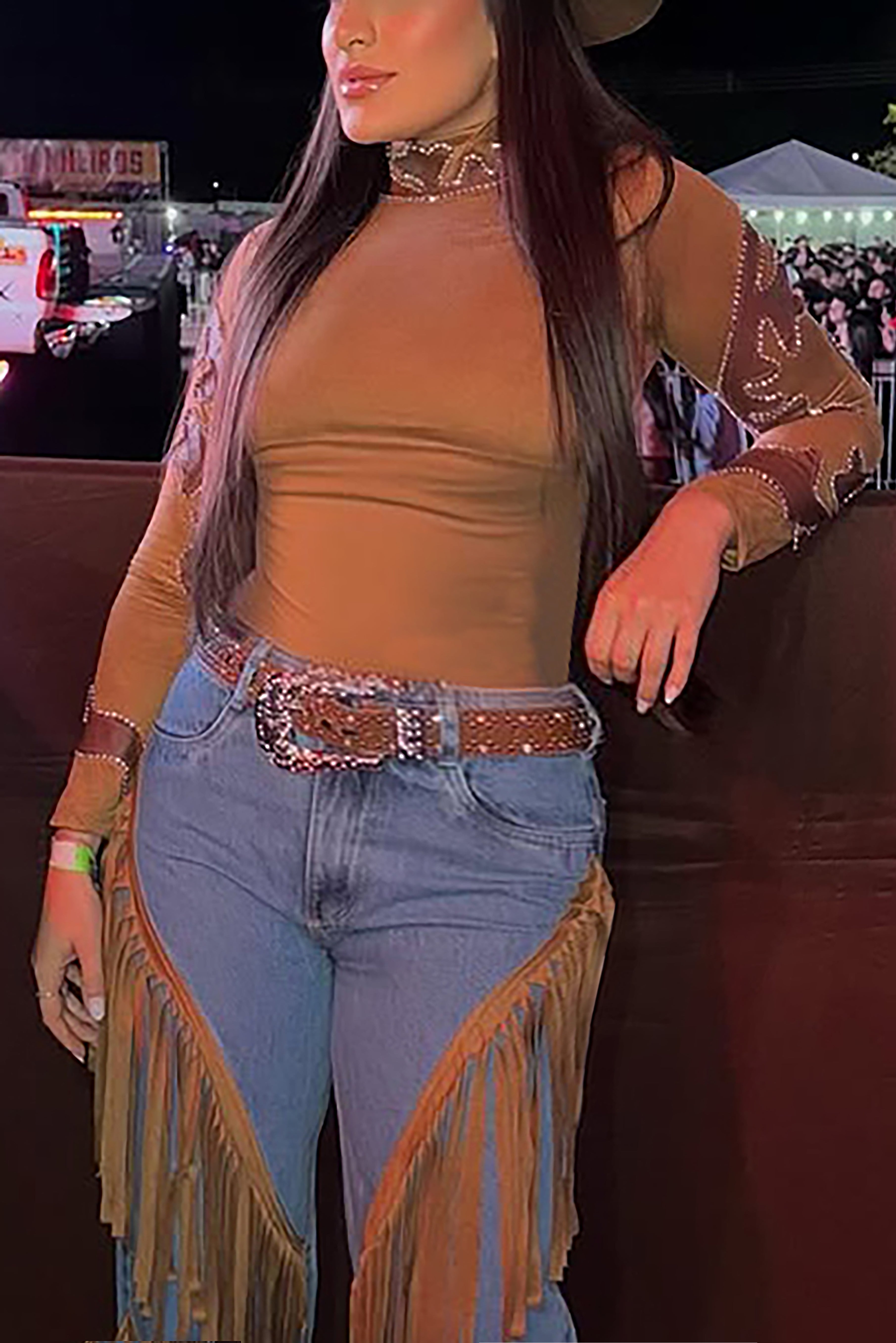 Western Rhinestone Leather Patchwork Short Top