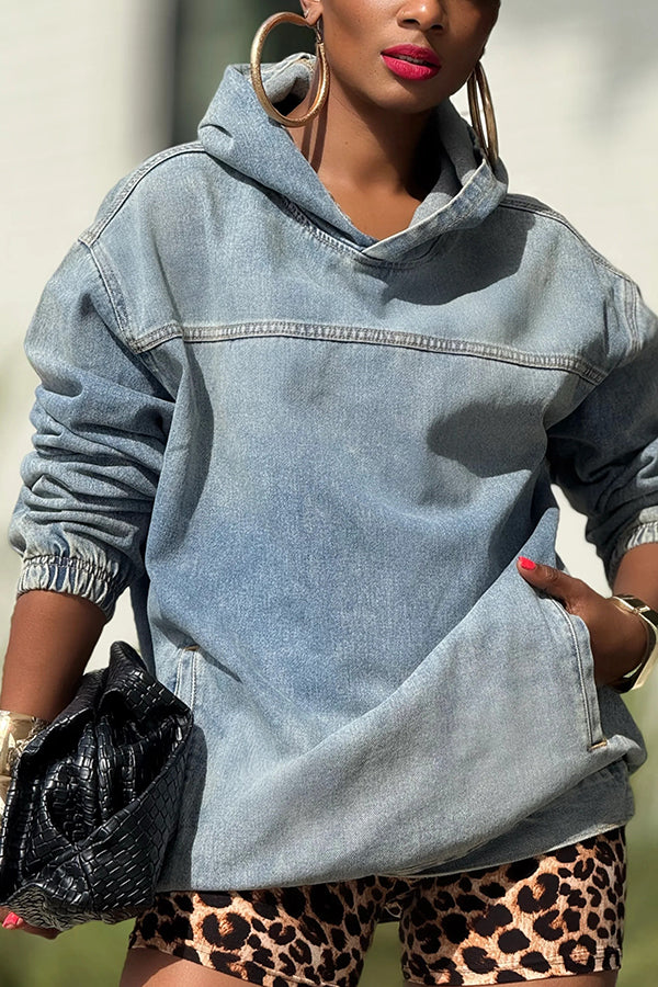 Versatile Pocket Design Light Washed Denim Hoodie