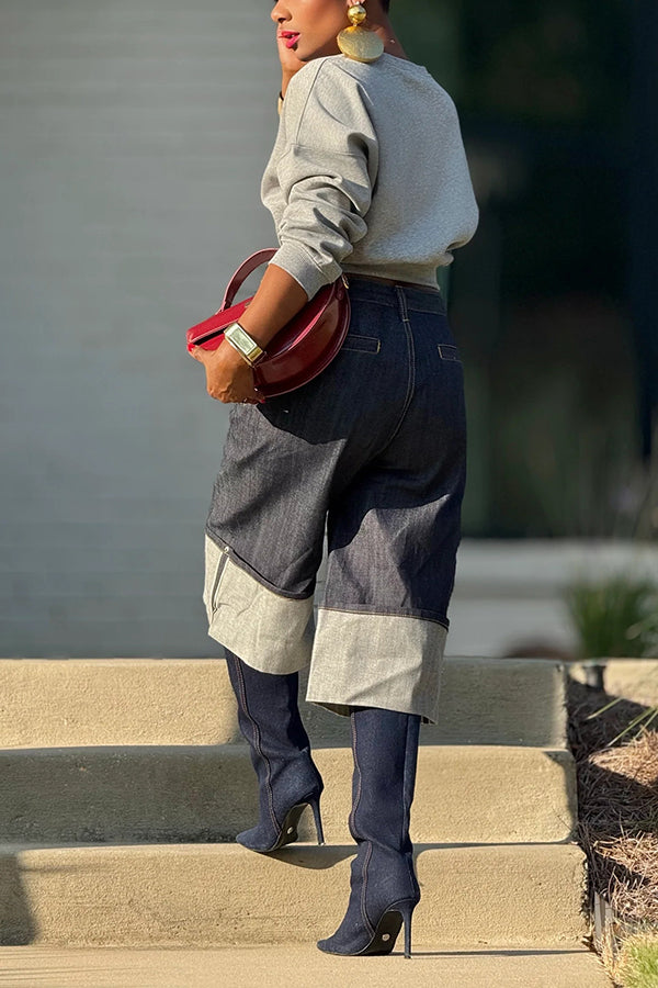 Casual Round Neck Buckled Waist Sweatshirt