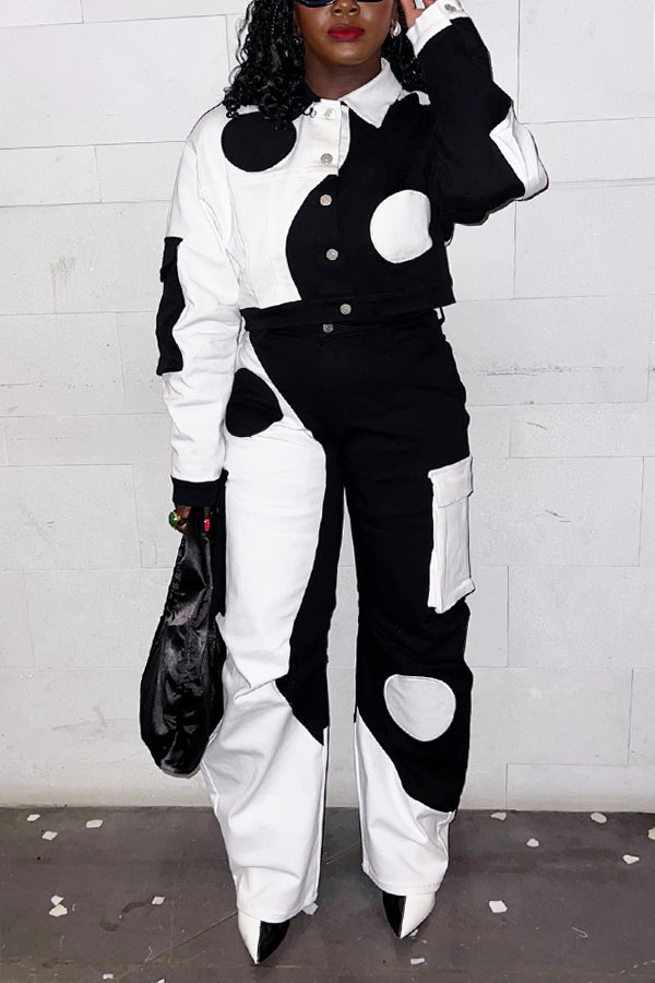 Stylish Polka Dot Print Contrast Jacket & Pants Set