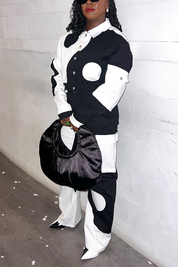 Stylish Polka Dot Print Contrast Jacket & Pants Set