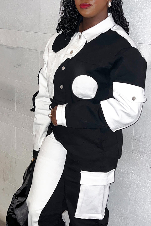 Stylish Polka Dot Print Contrast Jacket & Pants Set