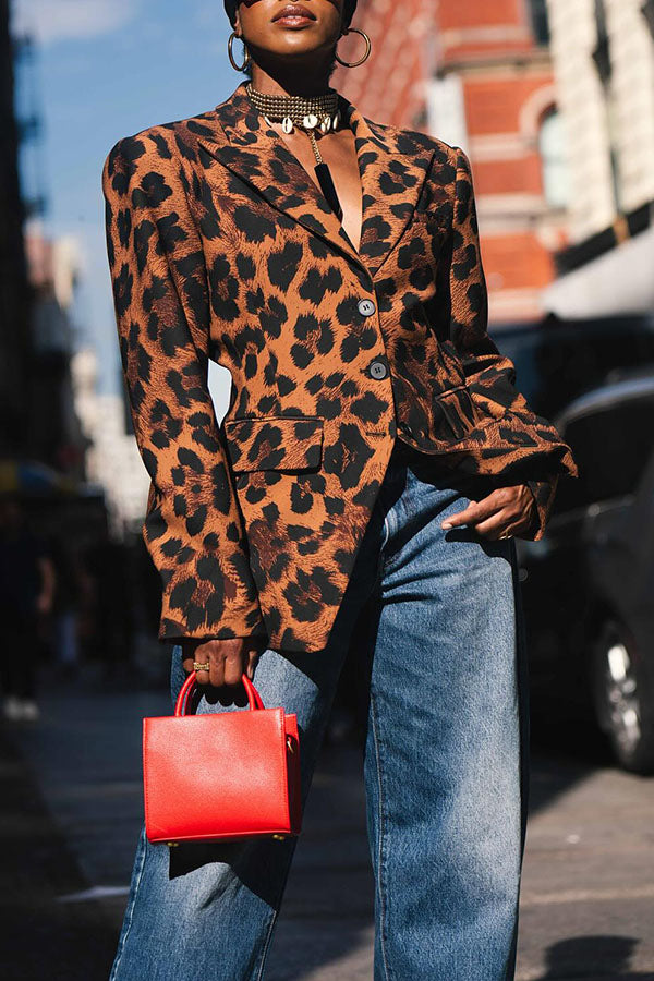 Stylish Leopard Print Faux Pocket Blazer*