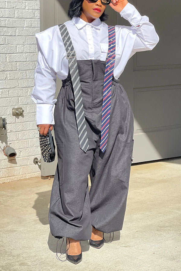 Executive Long Tie Style Denim Jumpsuit & Shirt Set