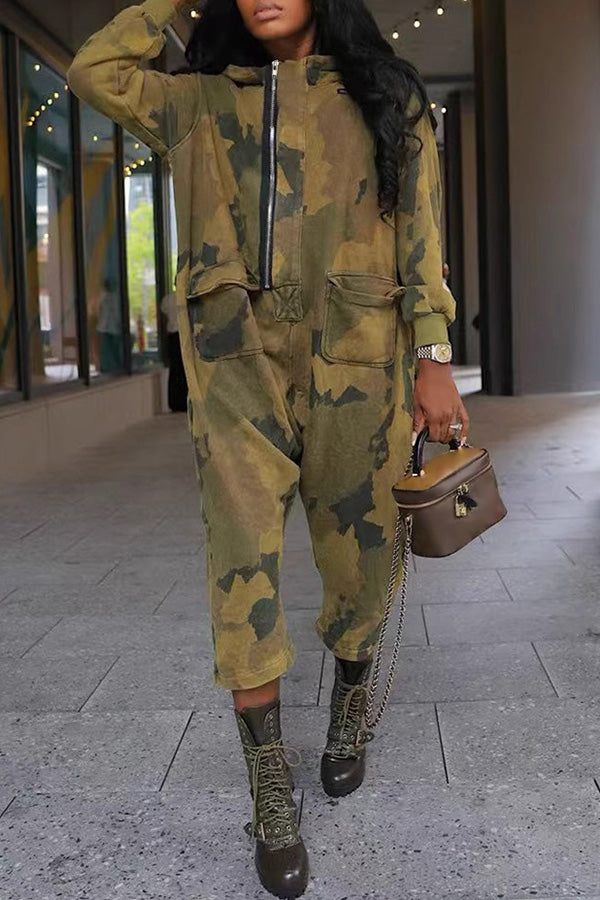 Casual Pocket Half Zip Camouflage Jumpsuit