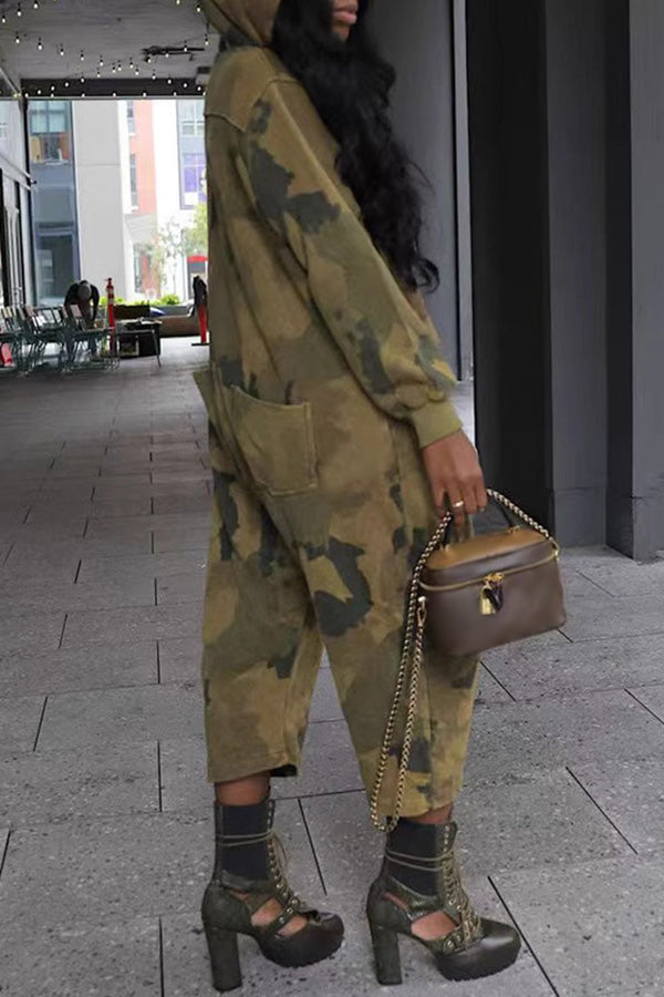 Casual Pocket Half Zip Camouflage Jumpsuit
