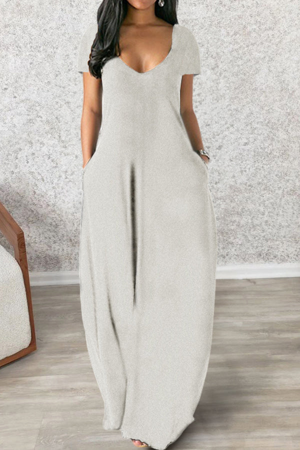 Sexy Deep V Short Sleeve Long Dress