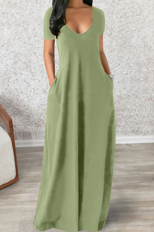Sexy Deep V Short Sleeve Long Dress