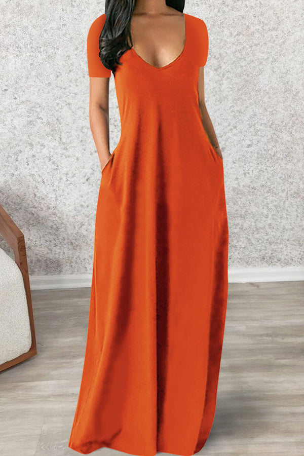 Sexy Deep V Short Sleeve Long Dress