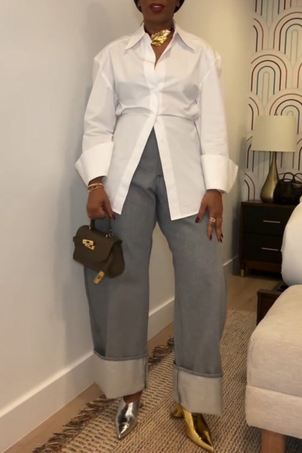 Casual Waist-length long-sleeved solid color shirt