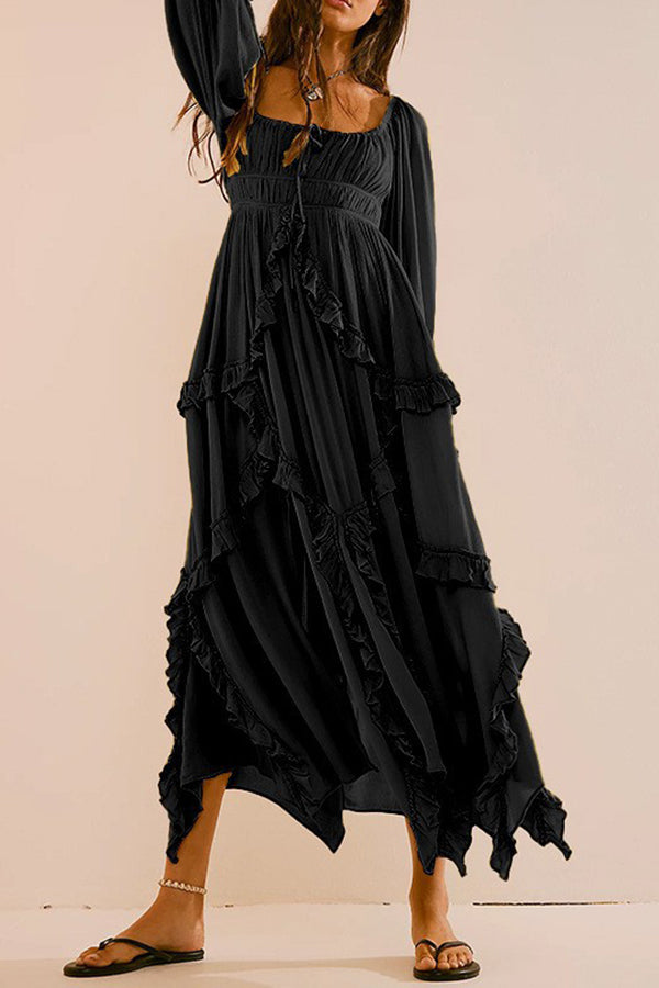 Vintage Square Neck Ruffle Hem Midi Dress