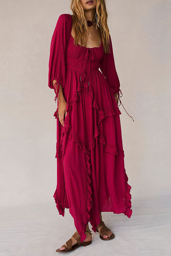 Vintage Square Neck Ruffle Hem Midi Dress