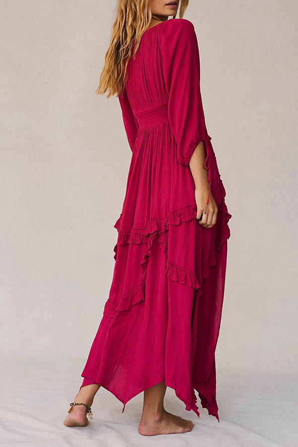 Vintage Square Neck Ruffle Hem Midi Dress