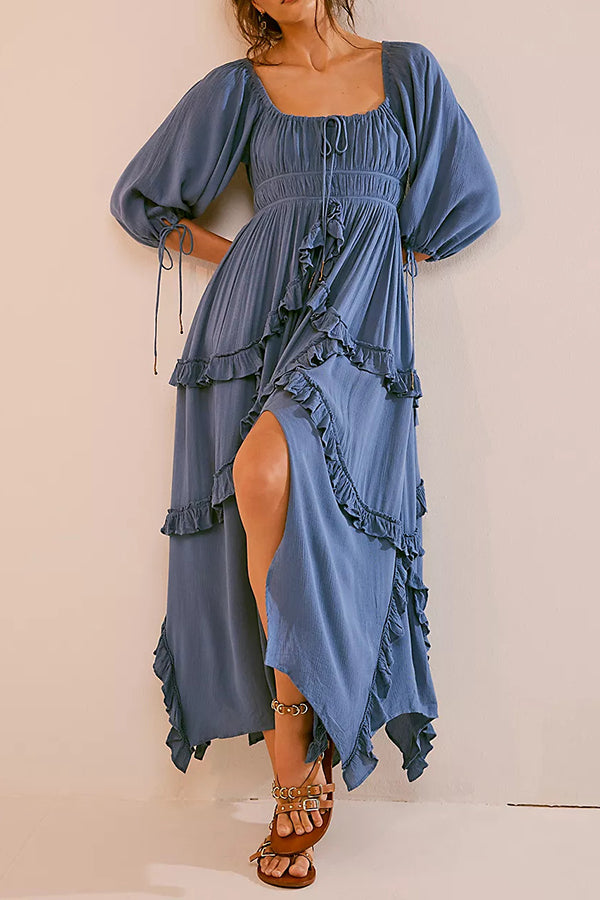 Vintage Square Neck Ruffle Hem Midi Dress