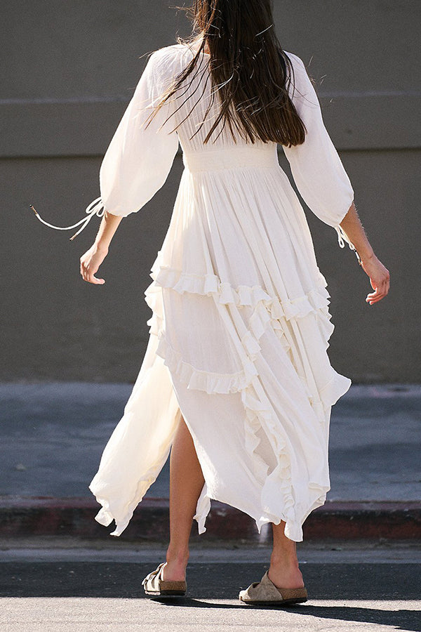 Vintage Square Neck Ruffle Hem Midi Dress