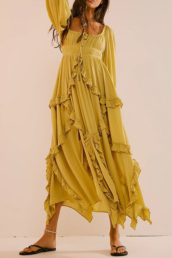 Vintage Square Neck Ruffle Hem Midi Dress