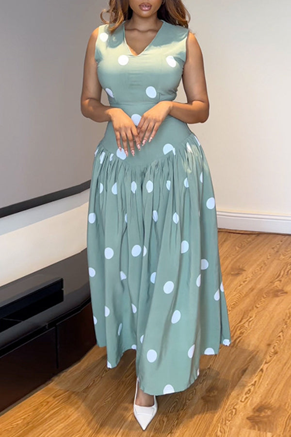 Elegant V-Neck Polka Dot Print Maxi Dress