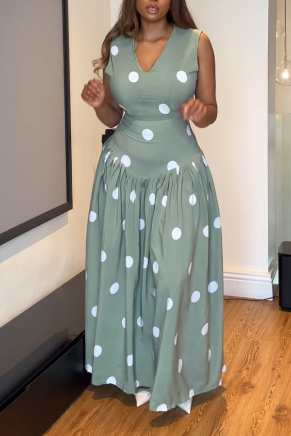 Elegant V-Neck Polka Dot Print Maxi Dress