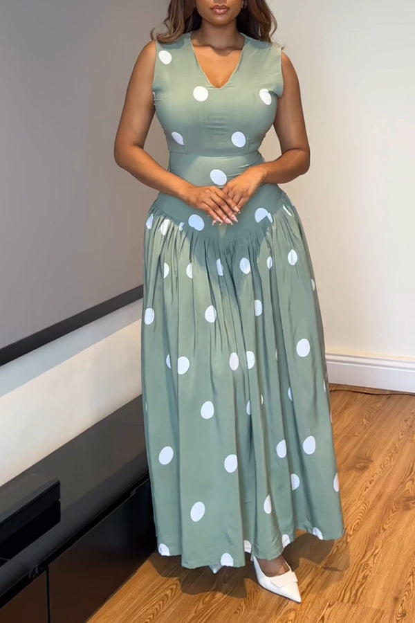 Elegant V-Neck Polka Dot Print Maxi Dress