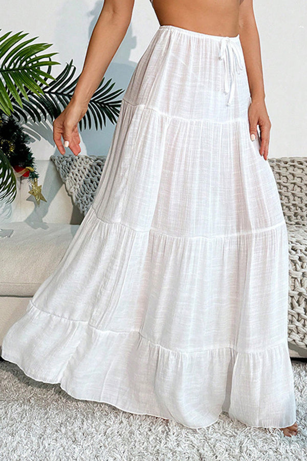 Cozy Adjustable Drawstring Waist Ruffle Hem Long Skirt