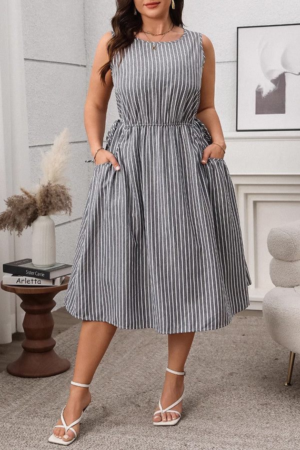 Casual Striped Elastic Waist Midi Dress*