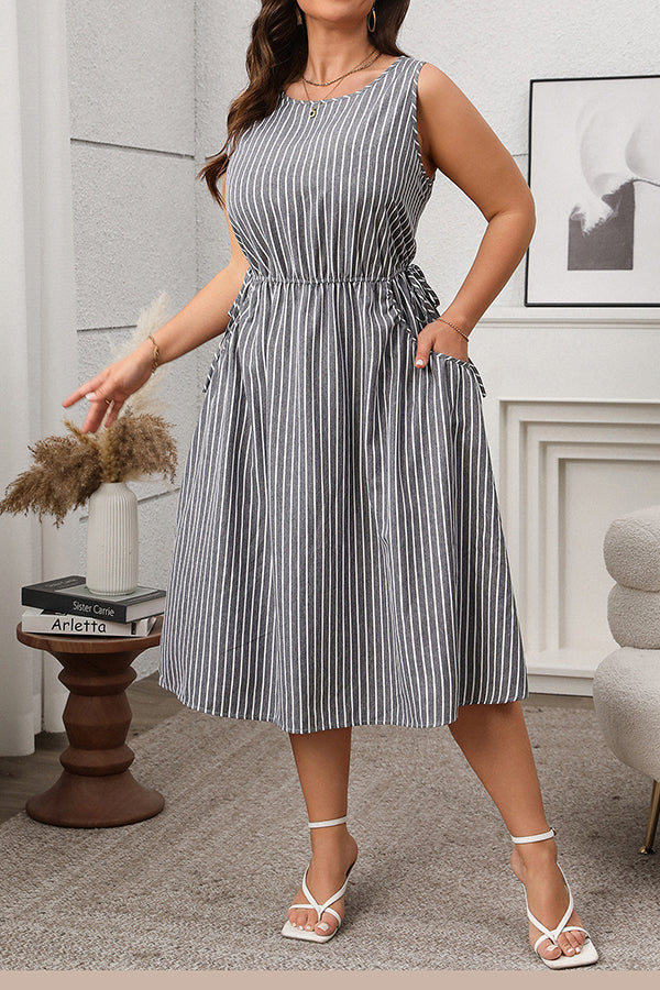 Casual Striped Elastic Waist Midi Dress*