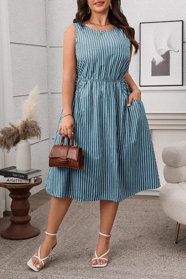 Casual Striped Elastic Waist Midi Dress*