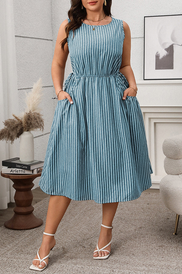 Casual Striped Elastic Waist Midi Dress*