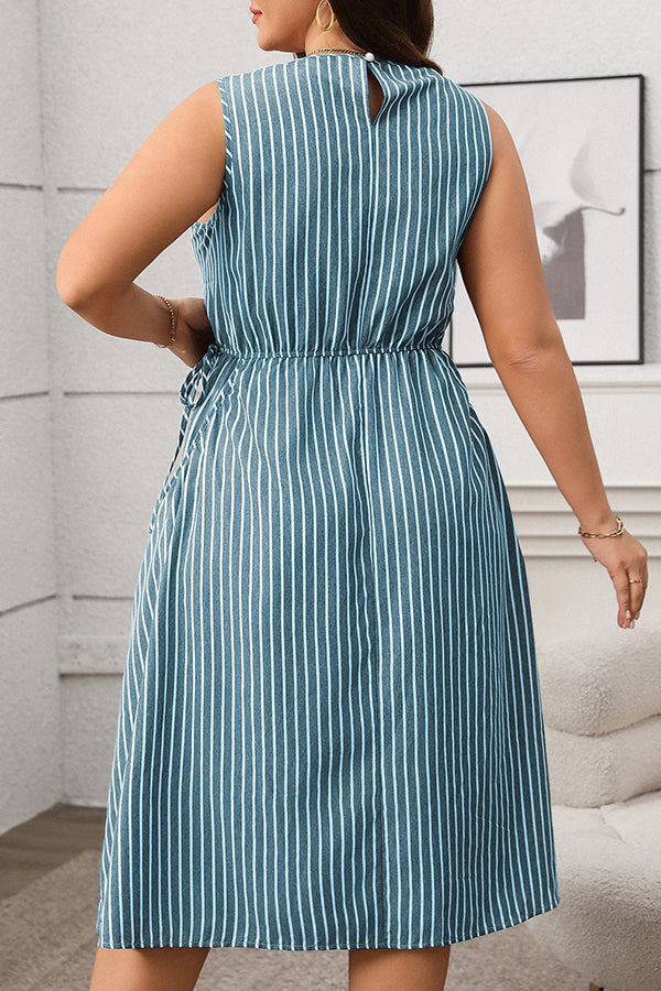 Casual Striped Elastic Waist Midi Dress*