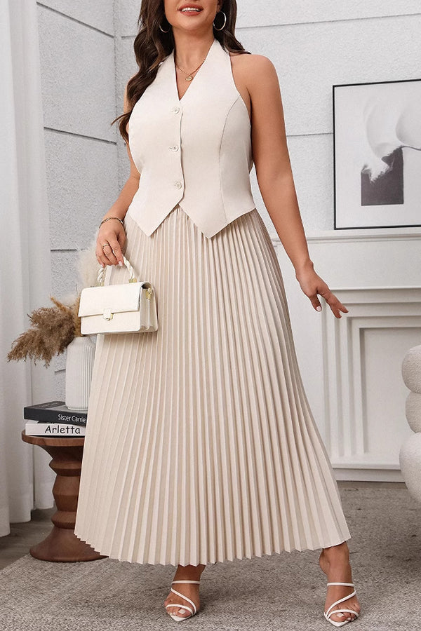 Elegant V-Neck Gilet & Pleated Skirt Set*