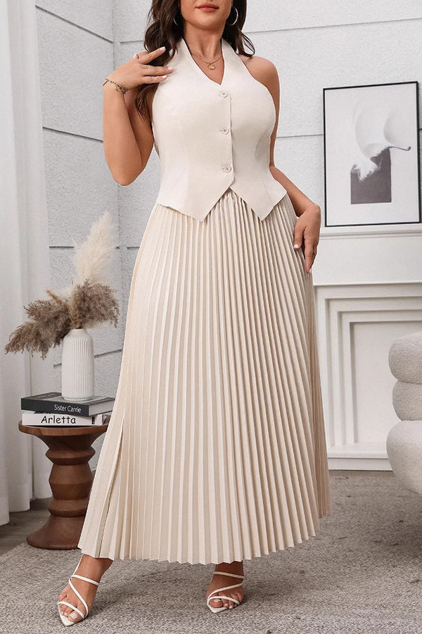Elegant V-Neck Gilet & Pleated Skirt Set*