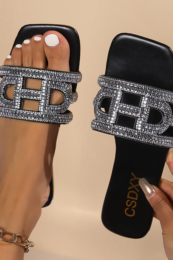 Women's Rhinestone Flat Square Toe Sandals
