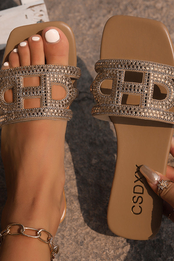 Women's Rhinestone Flat Square Toe Sandals