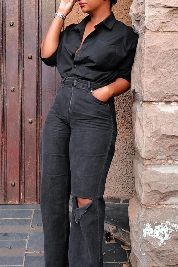 Casual Black Straight Ripped Jeans