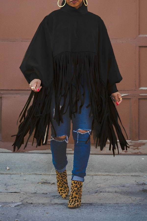 Stylish Solid Long Sleeve Tassel Top