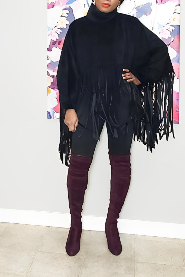 Stylish Solid Long Sleeve Tassel Top