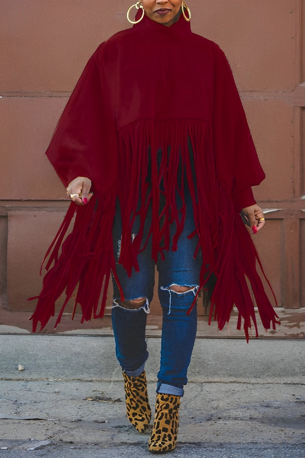 Stylish Solid Long Sleeve Tassel Top