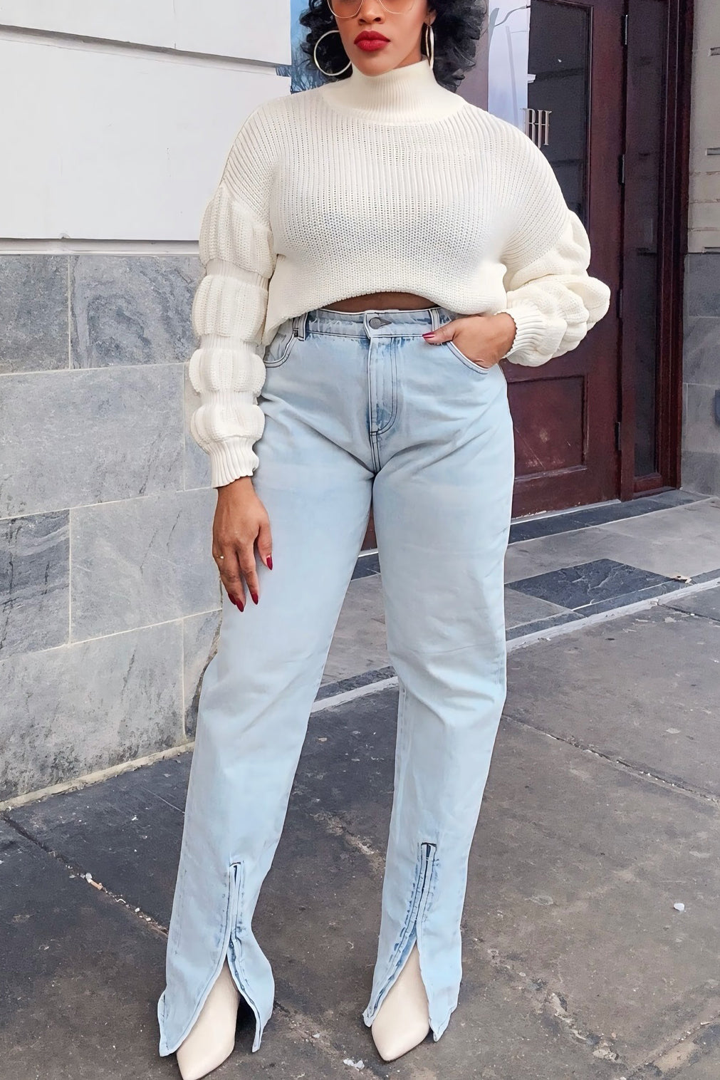 Stylish Slit Bleached Bootcut Wide Leg Jeans