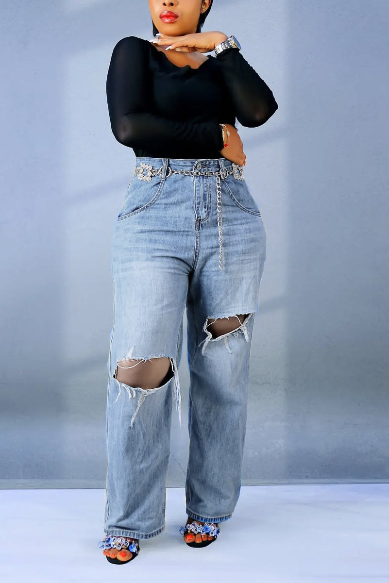 Street Washed Distressed Ripped Straight Jeans