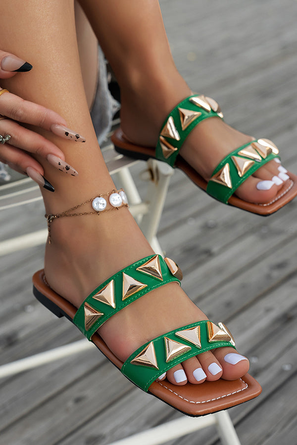 Stylish Studded Square Toe Flat Slides