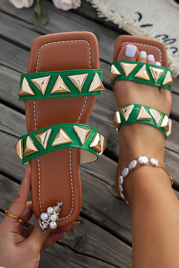 Stylish Studded Square Toe Flat Slides