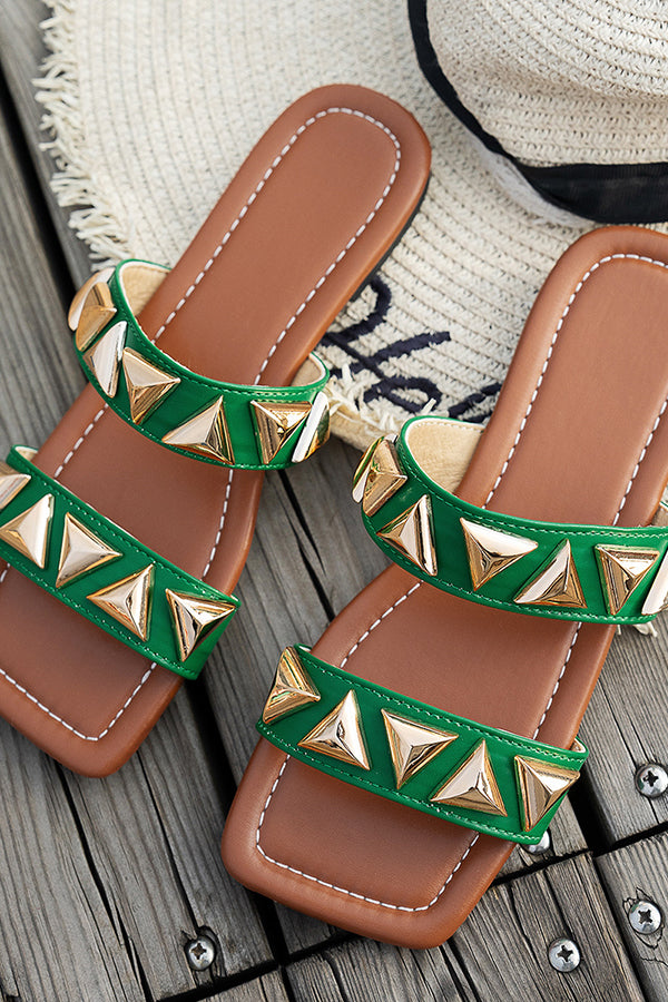 Stylish Studded Square Toe Flat Slides